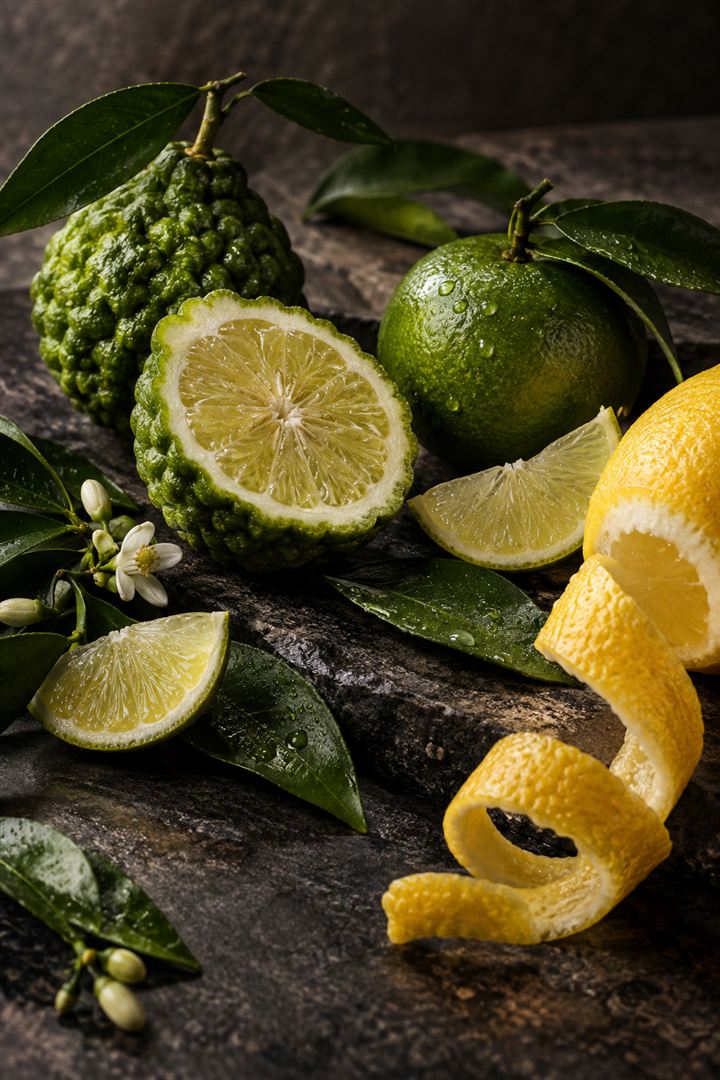 Bergamota, limón y hojas verdes sobre piedra oscura