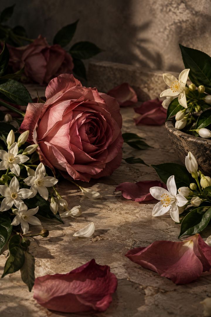 Rosa y flores de jazmín sobre una superficie de piedra