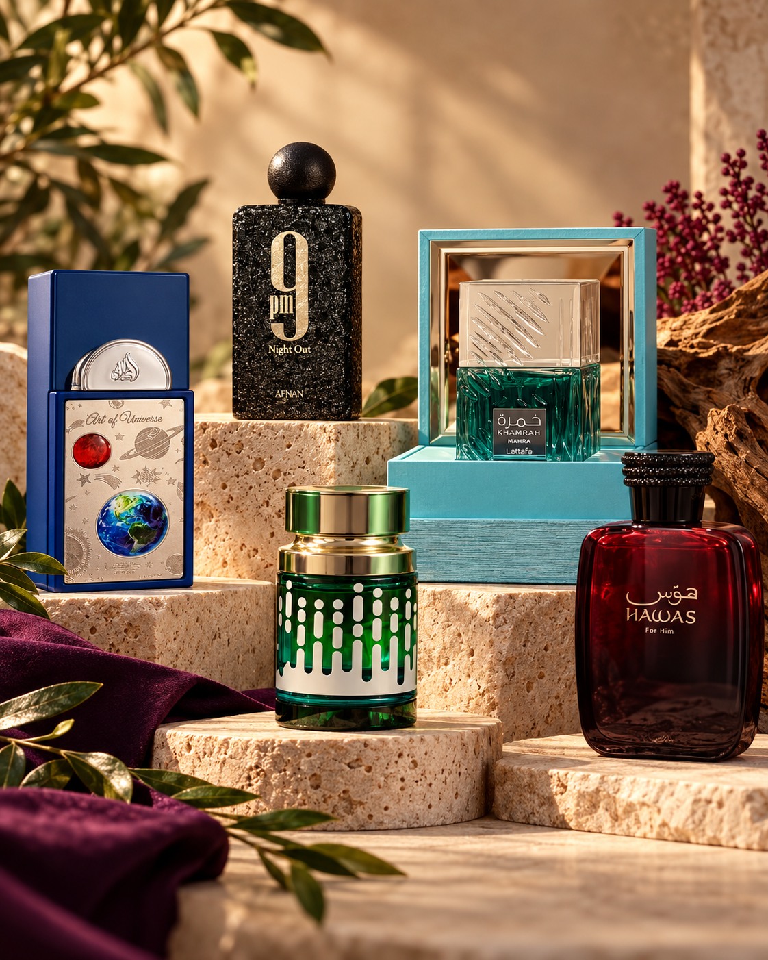 Perfumes en frascos negros, turquesa, verdes y rojos sobre bases de piedra