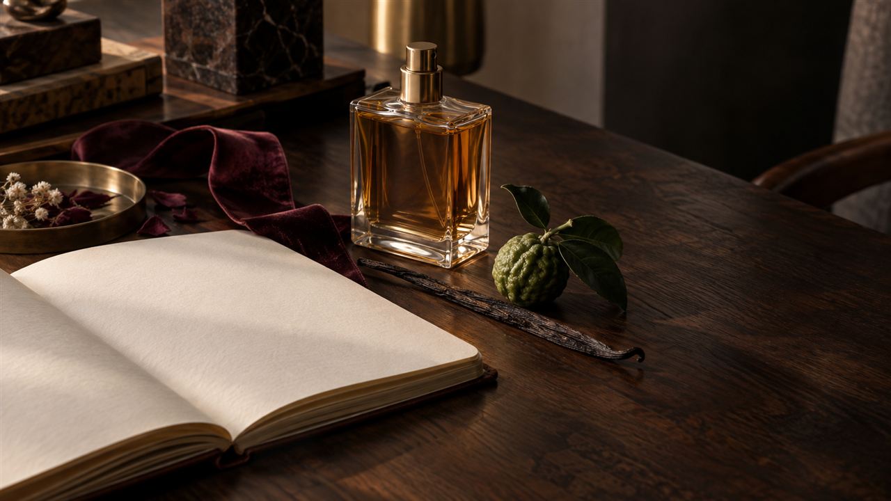Libreta, atomizador e ingredientes para acompañar la guía de perfumes