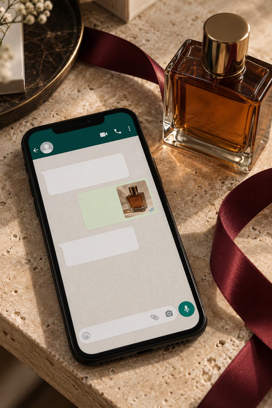 Teléfono y libreta sobre una mesa de asesoría de perfumes